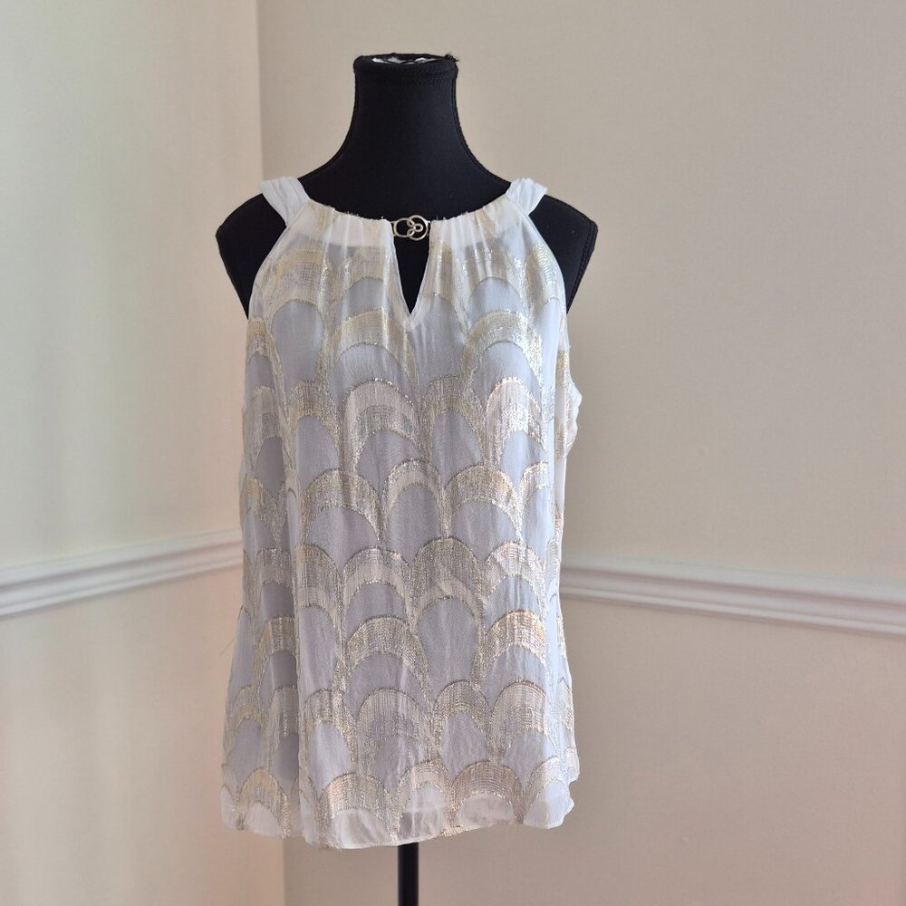 White House Black Market Silk Blouse with Metallic Gold Thread, Size M